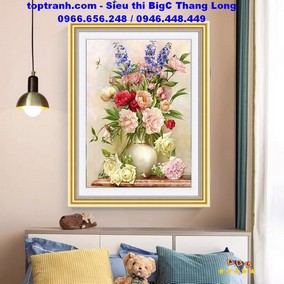 Tranh thêu bình hoa hồng khoe sắc