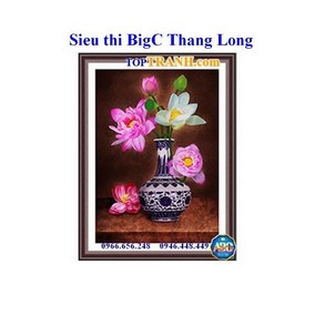 Tranh thêu 3D bình hoa sen hồng