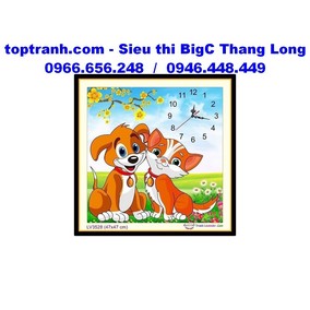 Tranh thêu đồng hồ mèo và cún