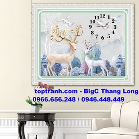 Tranh thêu đồng hồ hươu tài lộc