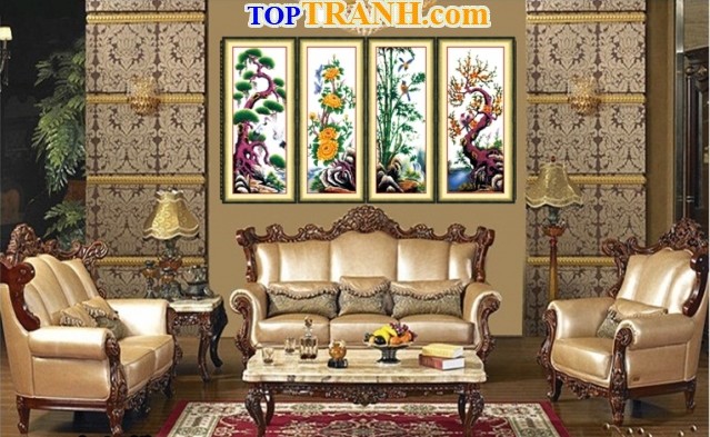 tranh thêu chữ thập tùng cúc trúc mai